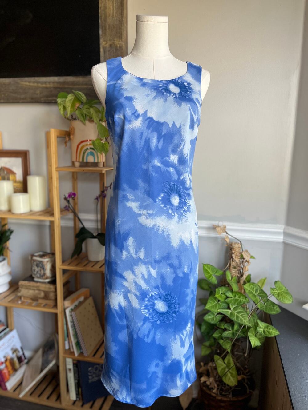 Vintage 90s Blue Sunflower Dress Sleeveless Midi Size Small
